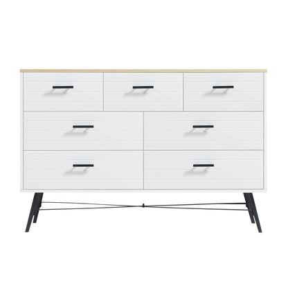 7 Drawer Dresser for Bedroom with Deep Drawers, Wood Dressers & Chest of Drawers, Modern White Long Dressers for Closet Living Room, 47.2"W x 15.7"D x 31.5"H, White & oak