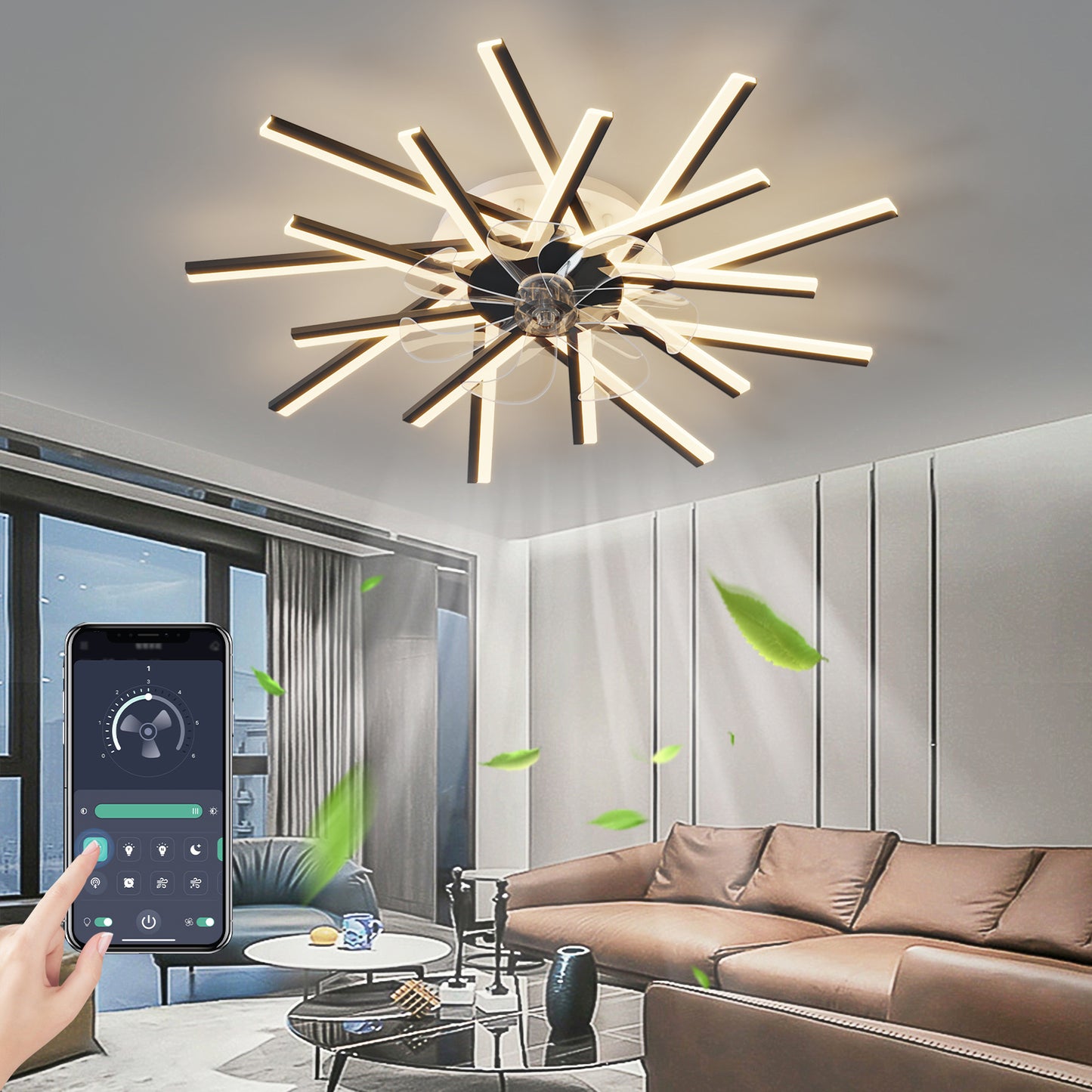 36In Ceiling Fan with Lights Remote Contro Dimmable LED,6 Gear Wind Speed Fan Light