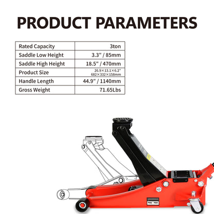 Hydraulic Low Profile and Steel Racing Floor Jack with Dual Piston Quick Lift Pump,3 Ton (6600 lb) Capacity,  Lifting range 3.3"-18.5"