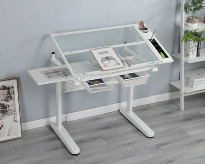 hand crank adjustable drafting table drawing desk with 2 metal drawers (white)WITH STOOL