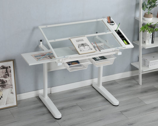 hand crank adjustable drafting table drawing desk with 2 metal drawers (white)WITH STOOL