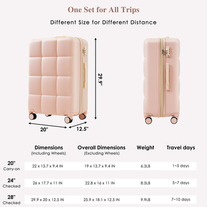 Luggage Set of 3, 20-inch with USB Port, Airline Certified Carry-on Luggage with Cup Holder, ABS Hard Shell Luggage with Spinner Wheels, pink