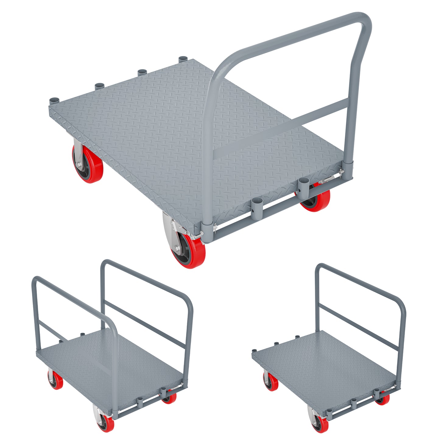 Steel Panel Truck, Heavy Duty Drywall Cart Lumber Cart Platform Truck Flat Cart, 2000lbs, 6" Swivel Brake Casters, with 1Front and 2 Side Handrails (36''x24'')