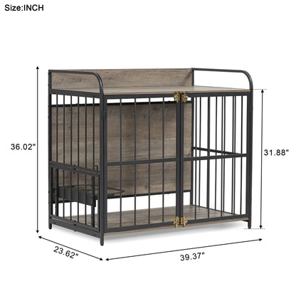 GO 39'' Indoor Metal Dog Crate with Double Doors, Wooden Side End Table Crate, Dog Crate Furniture with Adjustable Feeder Stand, for Medium Dog, Gray