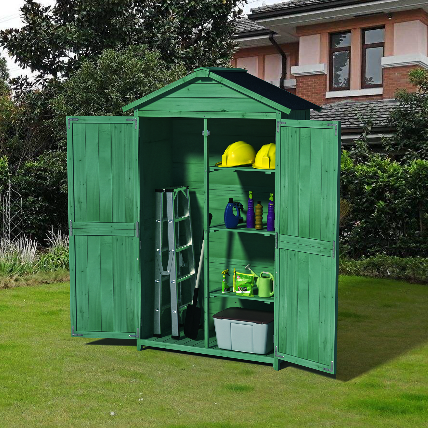 Outdoor 35.6"x 18.1"x 66.15" L Wood Storage Shed, Garden Tool Cabinet with Waterproof Asphalt Roof, Double Doors, Multiple-tier Shelves,Forest Green