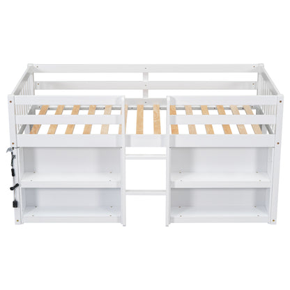 Twin Size Kid Low Loft Bed With Two-Tier Shelves And LED Light For White Color