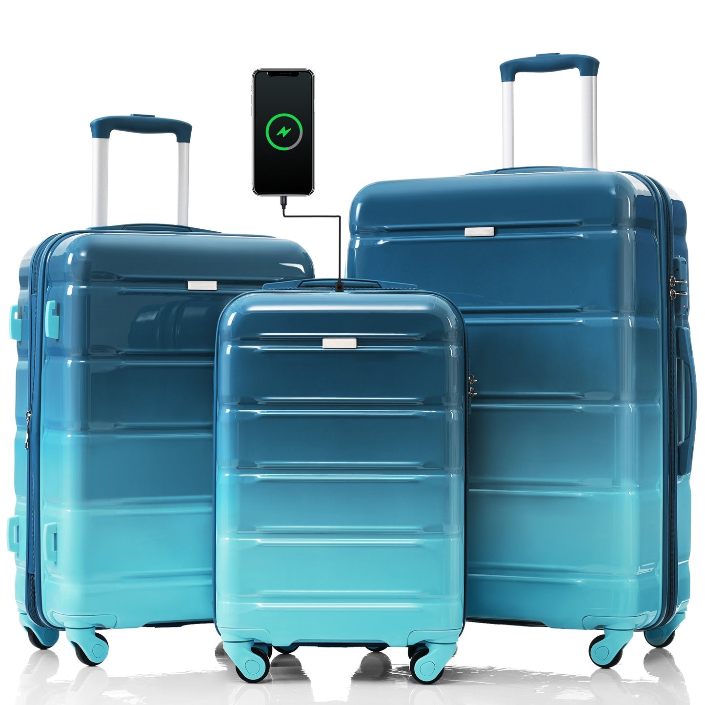 Luggage Set of 3, 20-inch with USB Port, Airline Certified Carry-on Luggage with Cup Holder, ABS+PC Hard Shell Luggage with Spinner Wheels, Blue