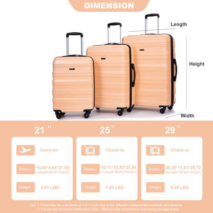 Expandable 3 Piece Luggage Sets PC Lightweight & Durable Suitcase with Two Hooks, Spinner Wheels, TSA Lock, (21/25/29) Peach