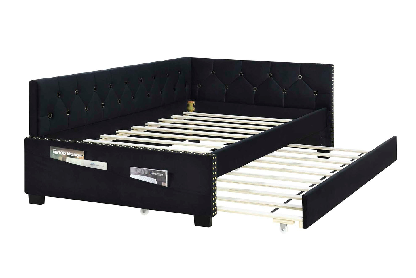 BLACK UPHOLSTERED TWIN SIZE DAYBED BED FRAME (CORNER BED) WITH TRUNDLE, VELVET FABRIC, STUDDING DESIGN, NO BOX SPRING REQUIRED, FITS ANY STYLE!