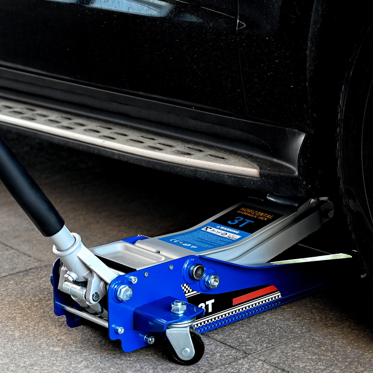 Low-Position Steel Vehicle Floor-mounted Hydraulic Jack with Dual-piston Quick-lift Pump, 3-Ton(6600 lb.) Capacity.