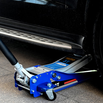 Low-Position Steel Vehicle Floor-mounted Hydraulic Jack with Dual-piston Quick-lift Pump, 3-Ton(6600 lb.) Capacity.