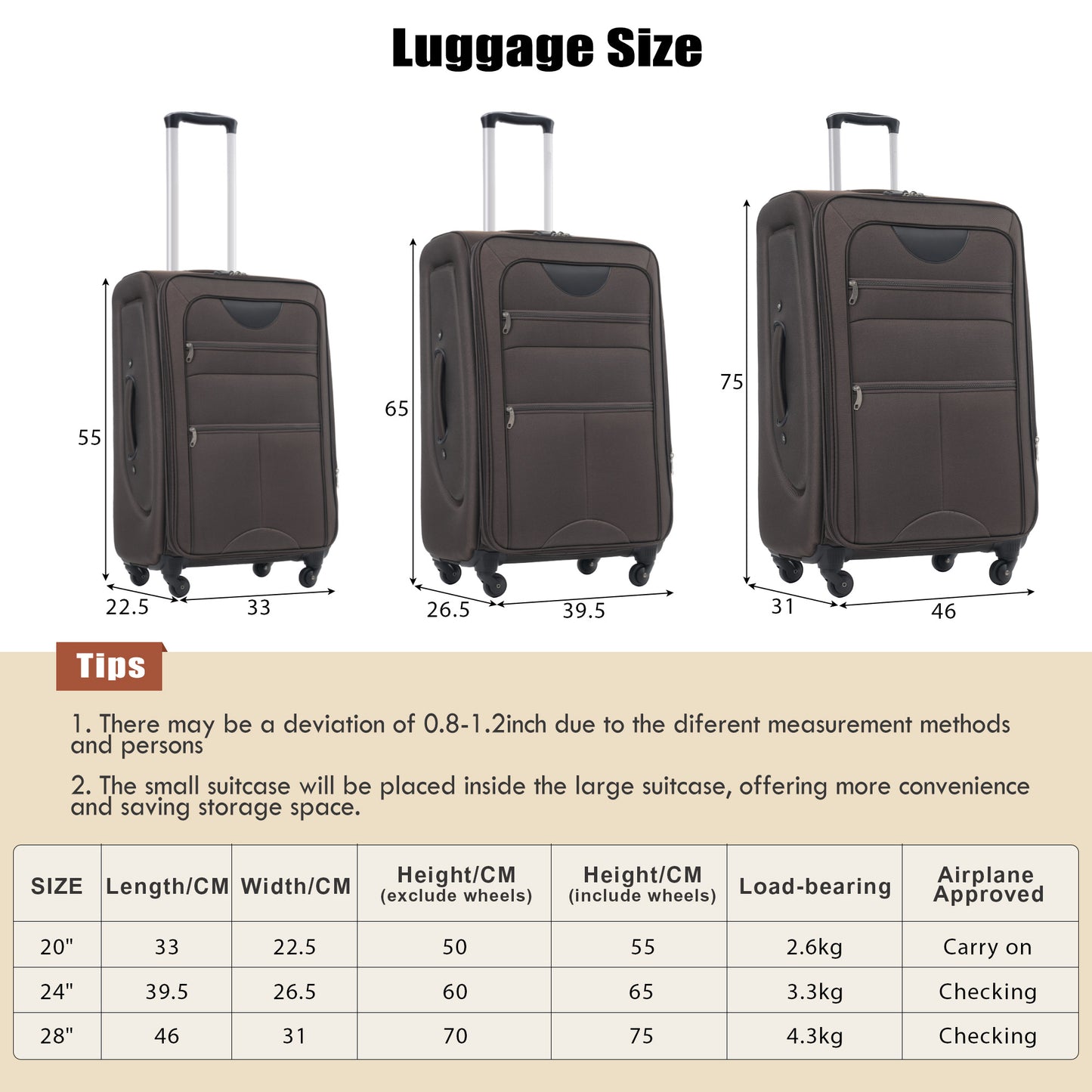 Softside Luggage Expandable 3 Piece Set Suitcase with Duffel Bag Upright Spinner Softshell Lightweight Luggage Travel Set