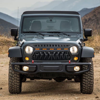 Front Matte Black Shark Grille Replacement Grill For Jeep Wrangler JK 2007-2017 with LED Lights