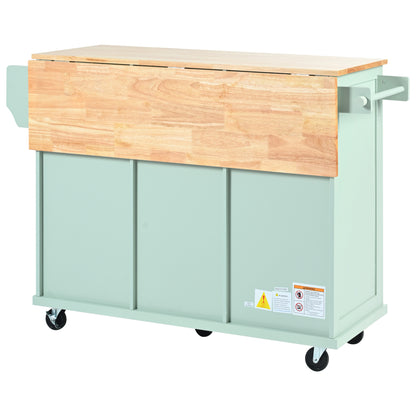 Kitchen Cart with Rubber wood Drop-Leaf Countertop ,Cabinet door internal storage racks,Kitchen Island on 5 Wheels with Storage Cabinet and 3 Drawers for Dinning Room, Mint Green