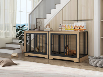 Dog Crate Furniture with Two Combined Room, XL Large Double Dog Cage Furniture with Tray for Medium Large Dogs, Wooden Dog Kennel Furniture