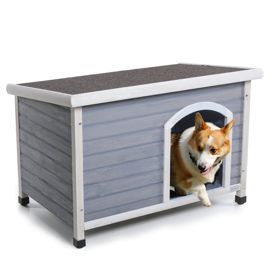 Medium Wooden Outdoor Dog House, Waterproof Roof, Elevated Floor, Adjustable Plastic Feet, Grey