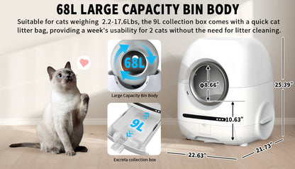 Self-cleaning cat litter box, 68L+9L, suitable for a variety of cat litter, APP control, real-time video, photo and video, safe and reliable, ionic deodorization, with exhaust hose, support WiFi