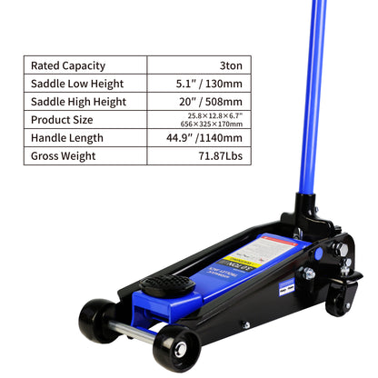 Hydraulic trolley Low Profile and Steel Racing 3Ton (6,000 lb) Capacity,  Floor Jack with Piston Quick Lift Single Pump, Blue Lifting range 5.1"-20"