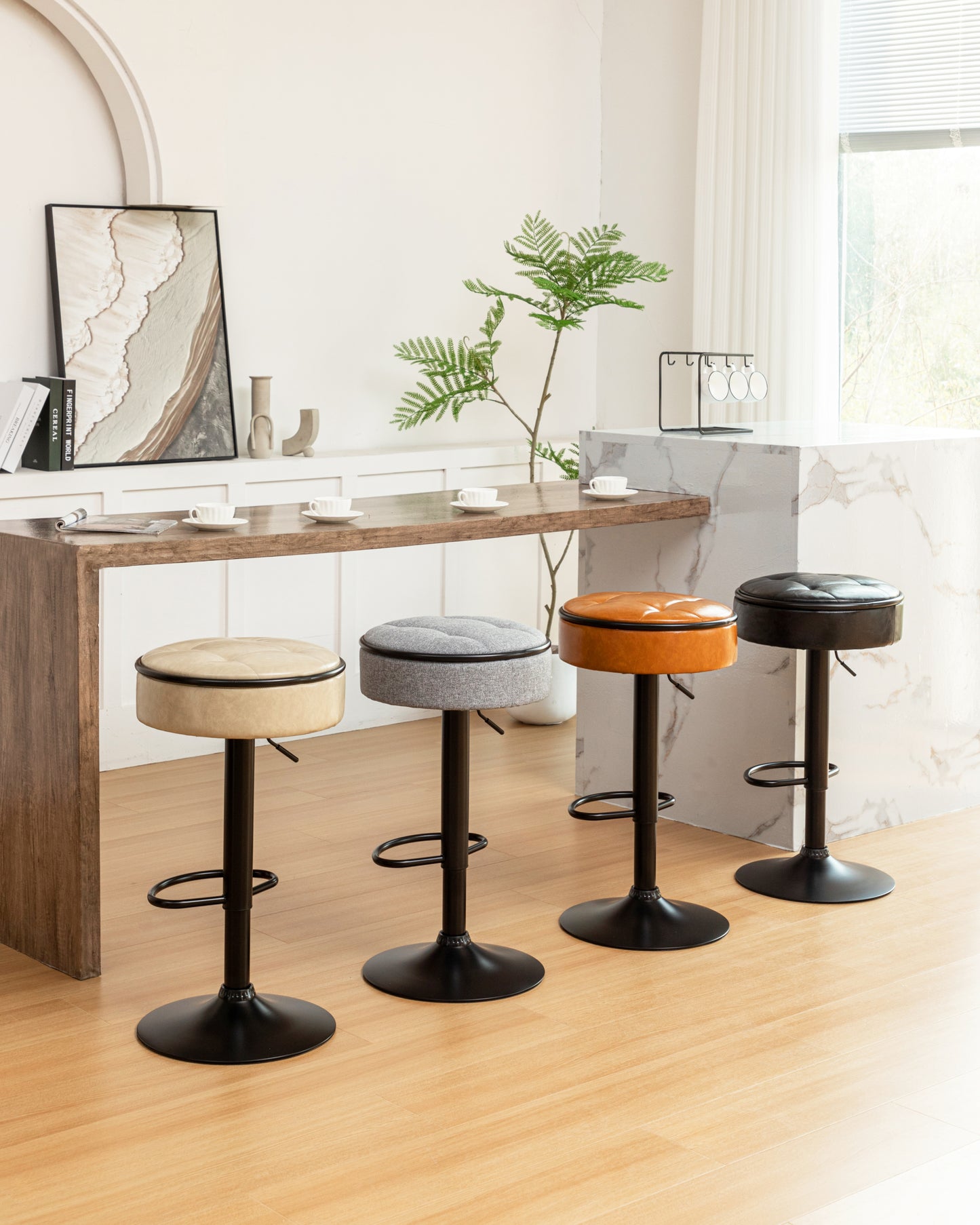 Round Storage Bar Stool Set of 2, Brown Faux Leather Height Adjustable Barstool, 360°Counter Height Swivel Stool, Armless Bar Chair with Metal Frame for Kitchen Counter Dining Living Room