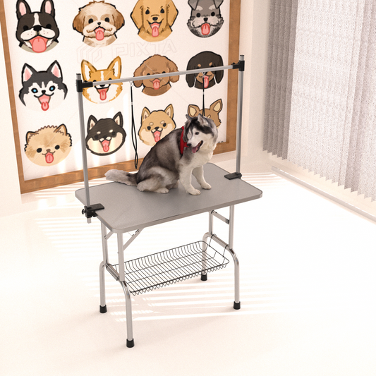 36" Folding Dog Pet Grooming Table Stainless Steel Frame Rubber Mat on Board with Adjustable Arm and Clamps pet dog Cat Grooming Table (SILVER-GRAY COLOR)