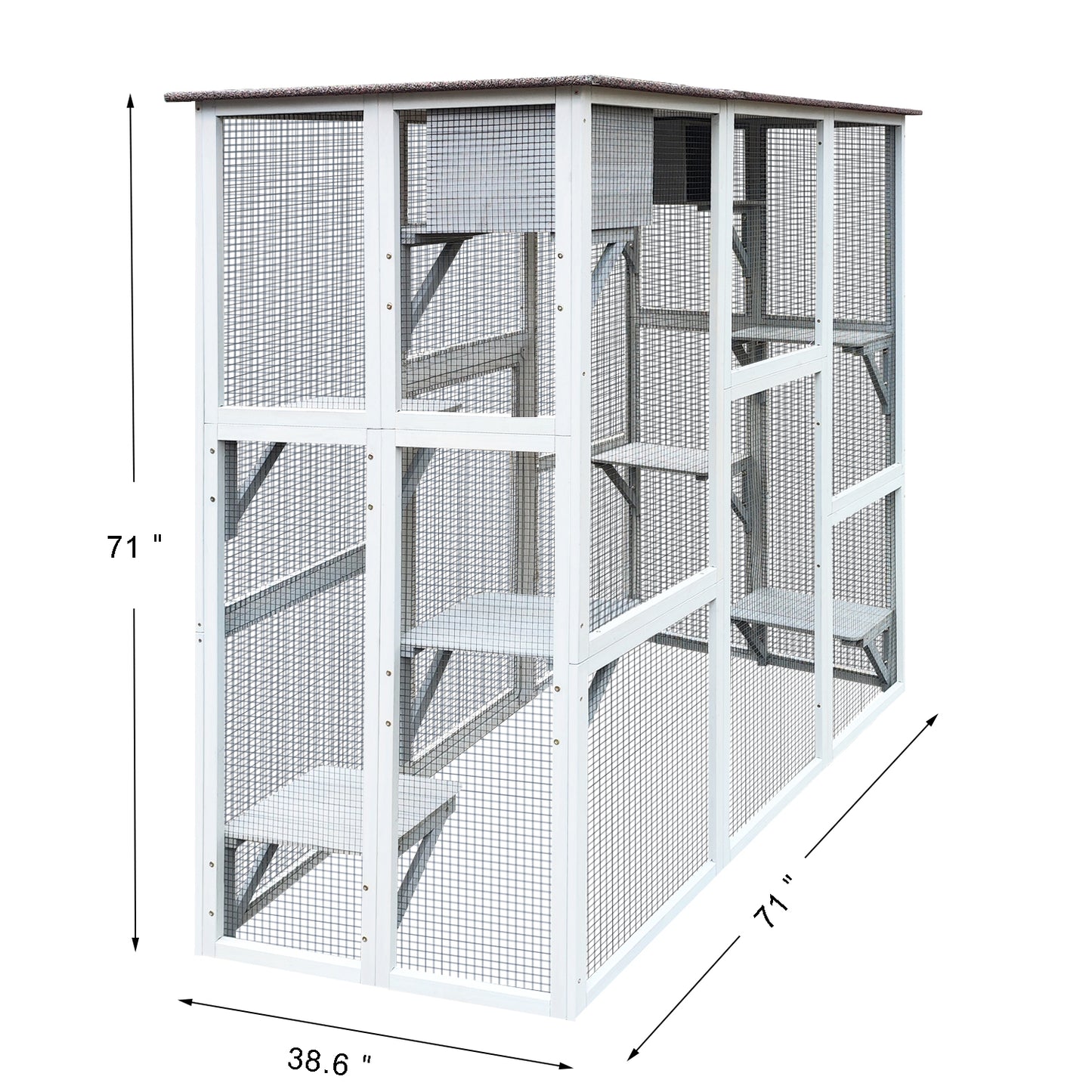 Wooden Catio Outdoor Cat Enclosure, 71" Outdoor Cat House Weatherproof Asphalt Roof, Large Solid Wood Cat Cage Playpen with 8 Jumping Platforms & 2 Napping Houses, Walk-in Cat Kennel Condo Shelter