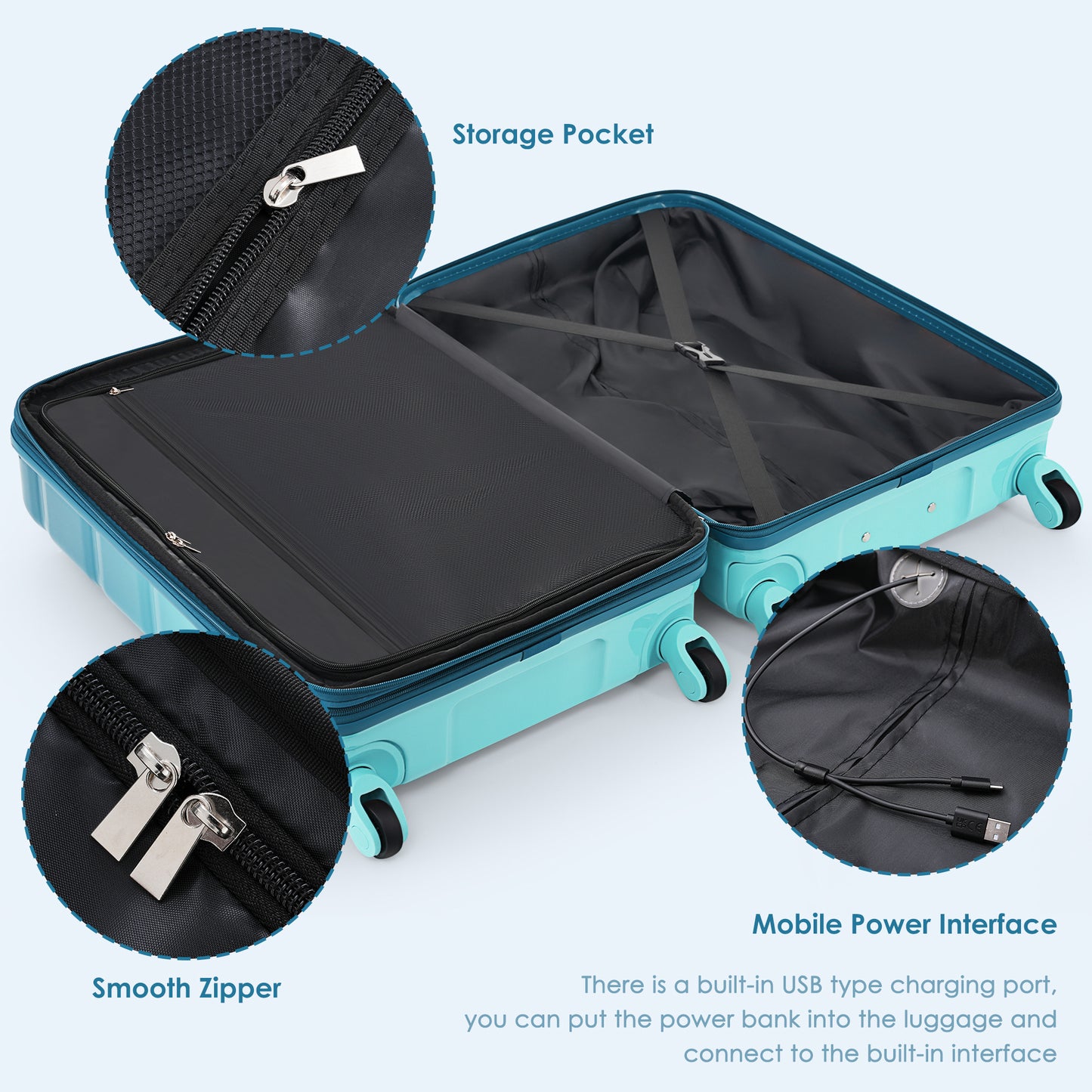 Luggage Set of 3, 20-inch with USB Port, Airline Certified Carry-on Luggage with Cup Holder, ABS+PC Hard Shell Luggage with Spinner Wheels, Blue