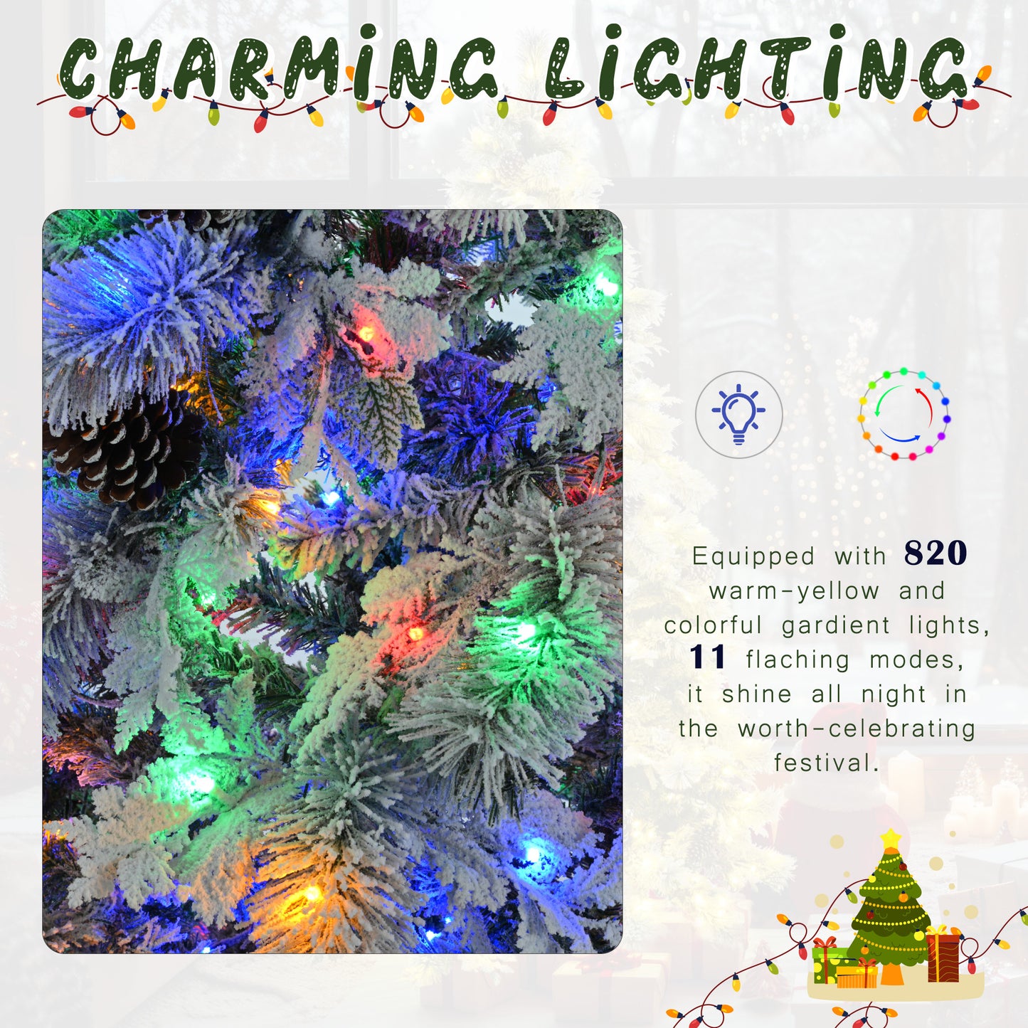 6FT Pre-Lit Spruce Snow Flocked Christmas Tree with Pine Cones, Artificial Xmas Tree with 403 Branch Tips,Mixed PE & PVC Branches, 250 Multi-Color LED Lights, 11 Flashing Modes, Holiday Décor