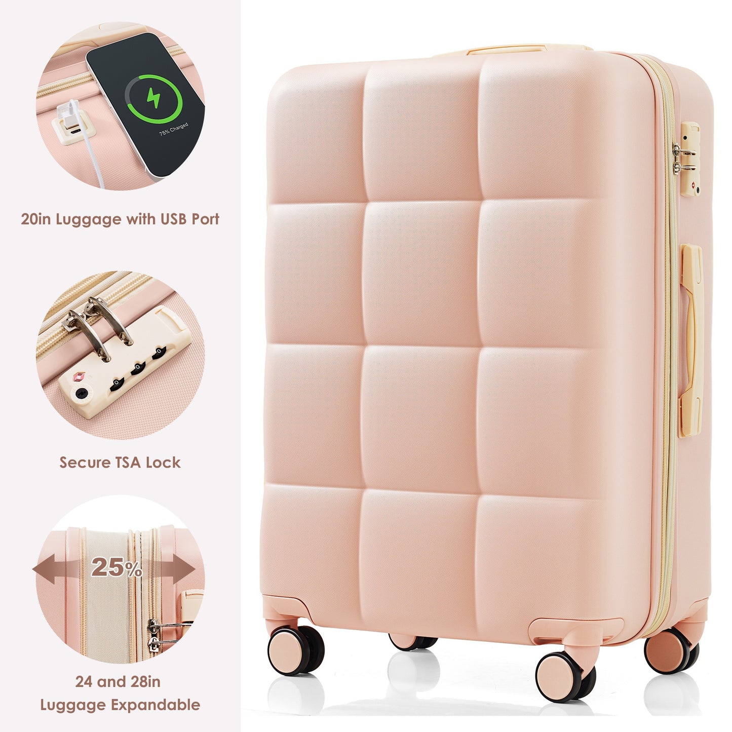 Luggage Set of 3, 20-inch with USB Port, Airline Certified Carry-on Luggage with Cup Holder, ABS Hard Shell Luggage with Spinner Wheels, pink