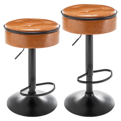 Round Storage Bar Stool Set of 2, Brown Faux Leather Height Adjustable Barstool, 360°Counter Height Swivel Stool, Armless Bar Chair with Metal Frame for Kitchen Counter Dining Living Room