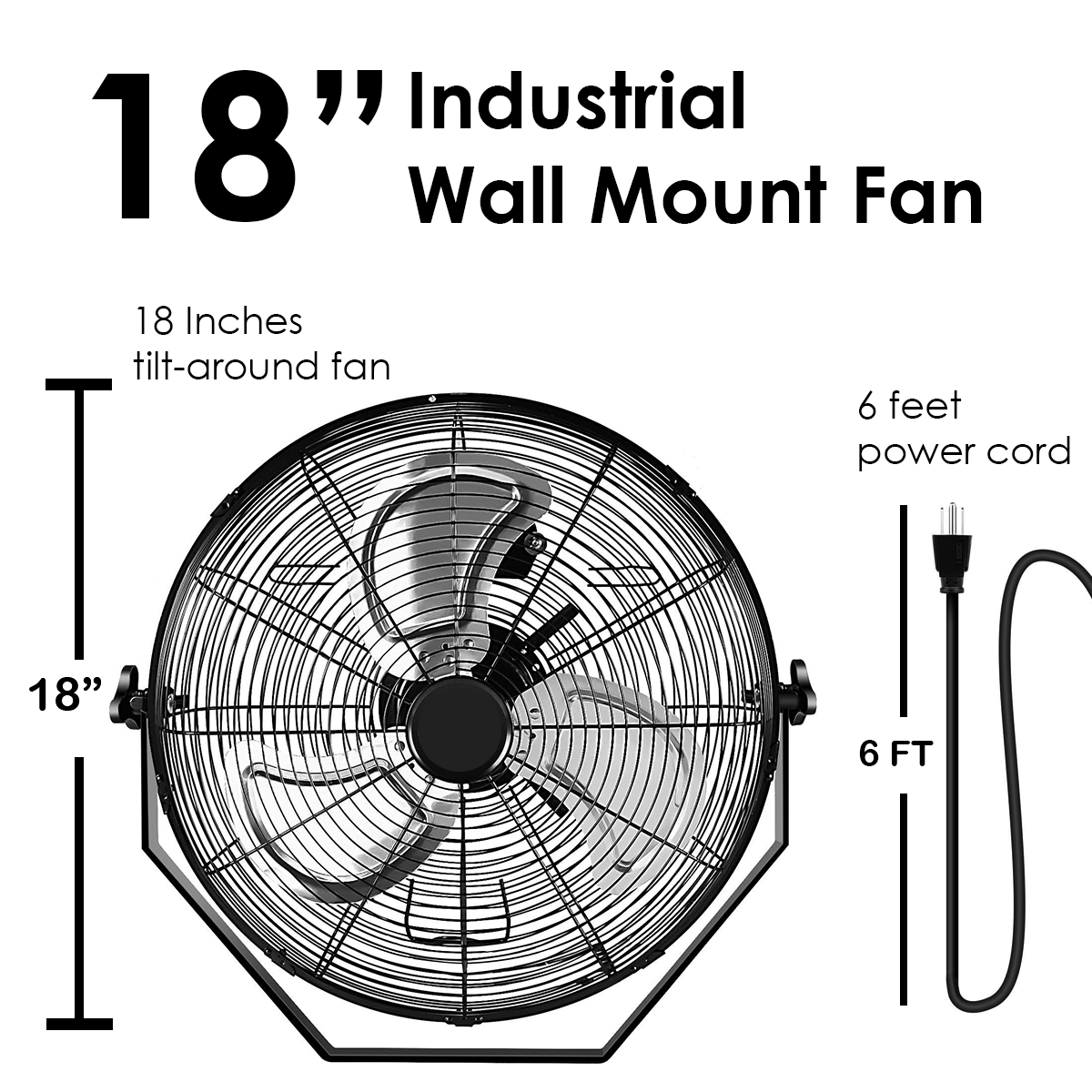 18 in. Black Industrial Wall Mount Fan 3-Speed Indoor/OutdoorCommercial Ventilation Metal High Velocity Fan