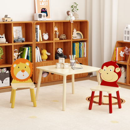 Kids Table and 2 Chairs Set, 3 Pieces Toddler Table and Chair Set, Wooden Activity Play Table Set (Lion&Monkey)