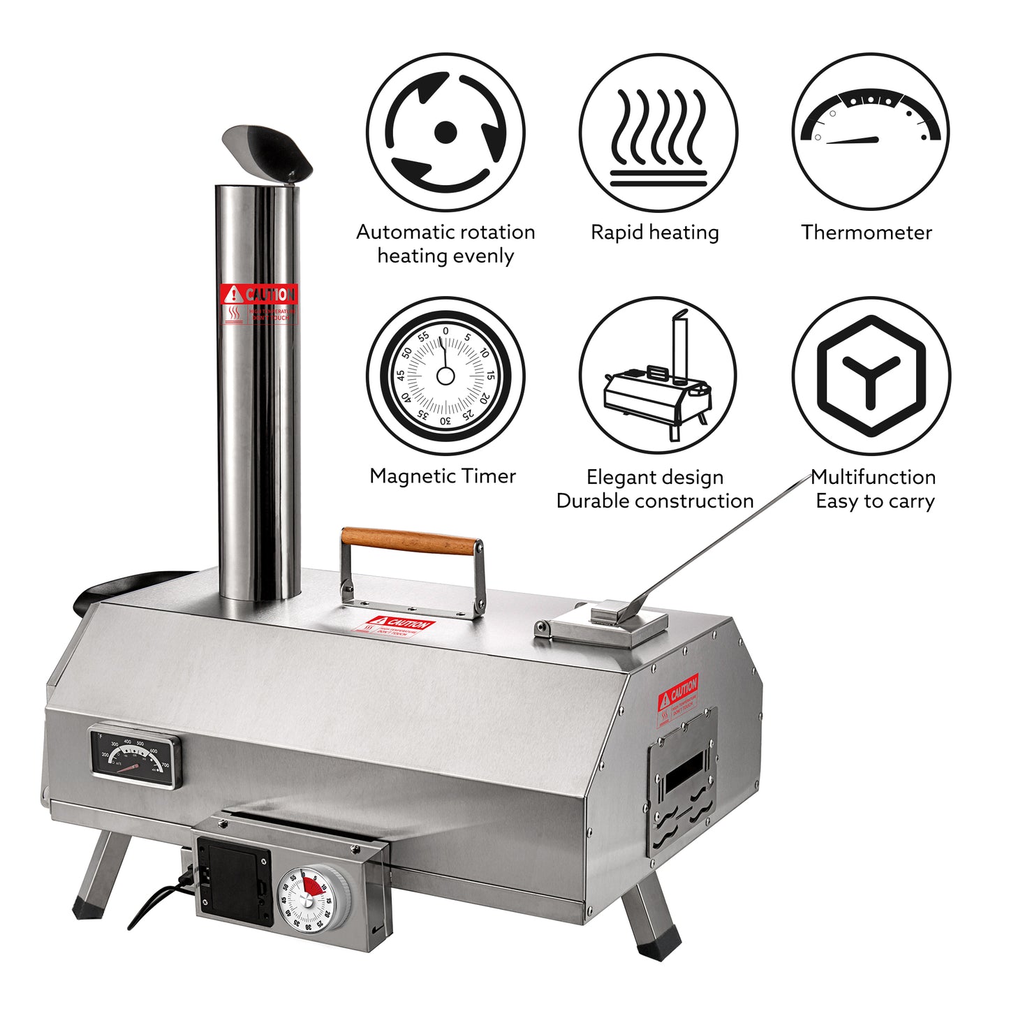 Stainless Steel Pizza Oven Outdoor 12" Automatic Rotatable Pizza Ovens,Portable Wood Fired Pizza Oven Pizza Maker with Timer, Built-in Thermometer,Pizza Cutter & Carry Bag