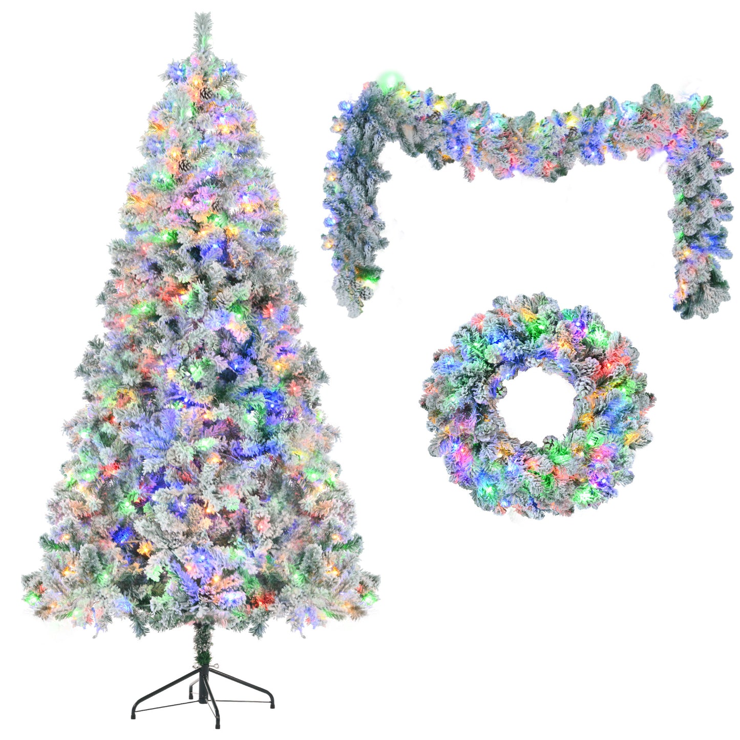 6FT Snow Flocked Christmas Tree, Pre-Lit Set with Tree & Garland & Wreath, Artificial Hinged Xmas Tree with Colorful LED Lights, 8 Lighting Modes, Pine Cones, Holiday Décor for Home