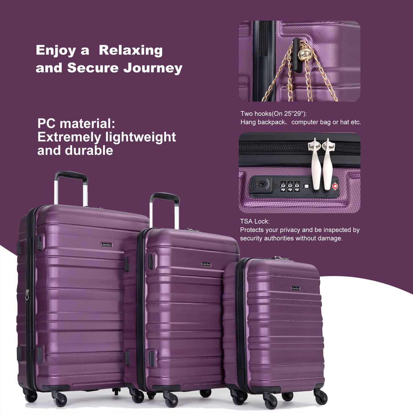 Expandable 3 Piece Luggage Sets PC Lightweight & Durable Suitcase with Two Hooks, Spinner Wheels, TSA Lock, (21/25/29) Dark Purple