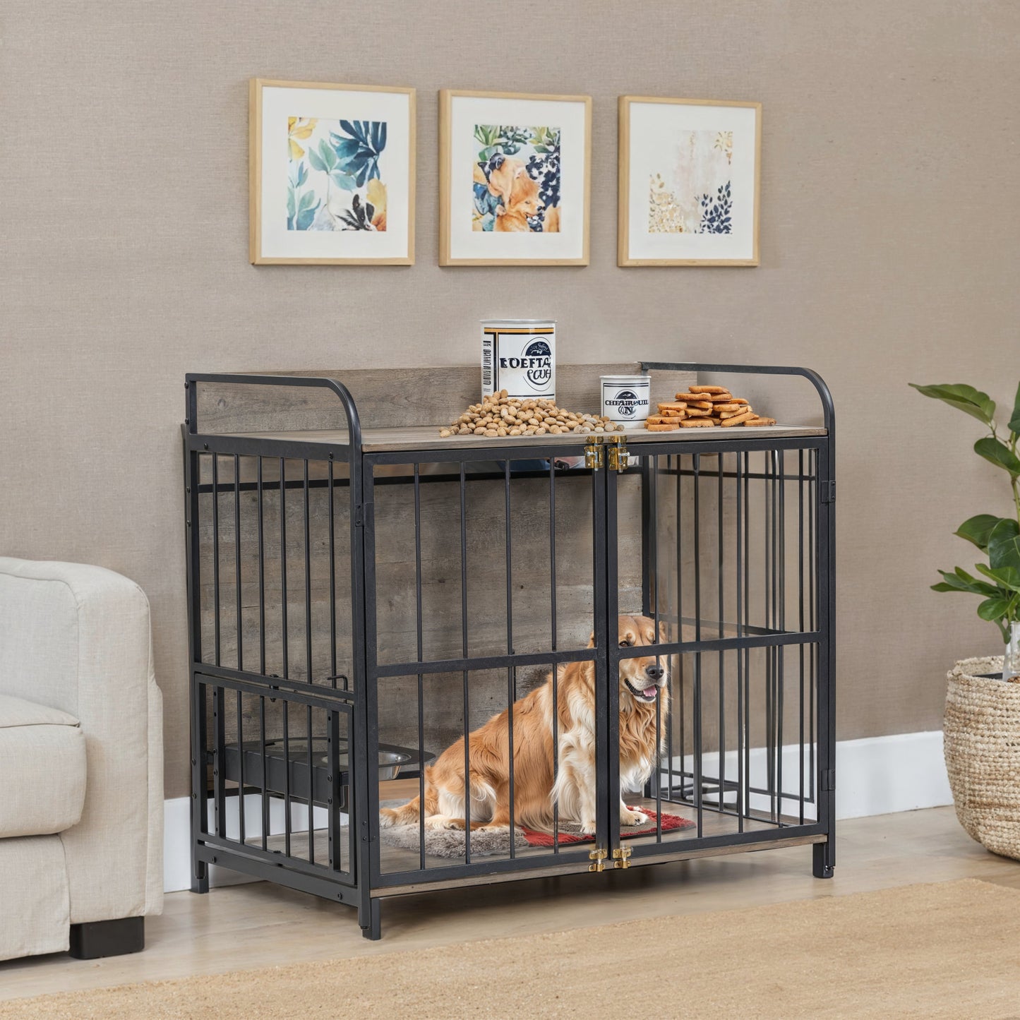 GO 39'' Indoor Metal Dog Crate with Double Doors, Wooden Side End Table Crate, Dog Crate Furniture with Adjustable Feeder Stand, for Medium Dog, Gray