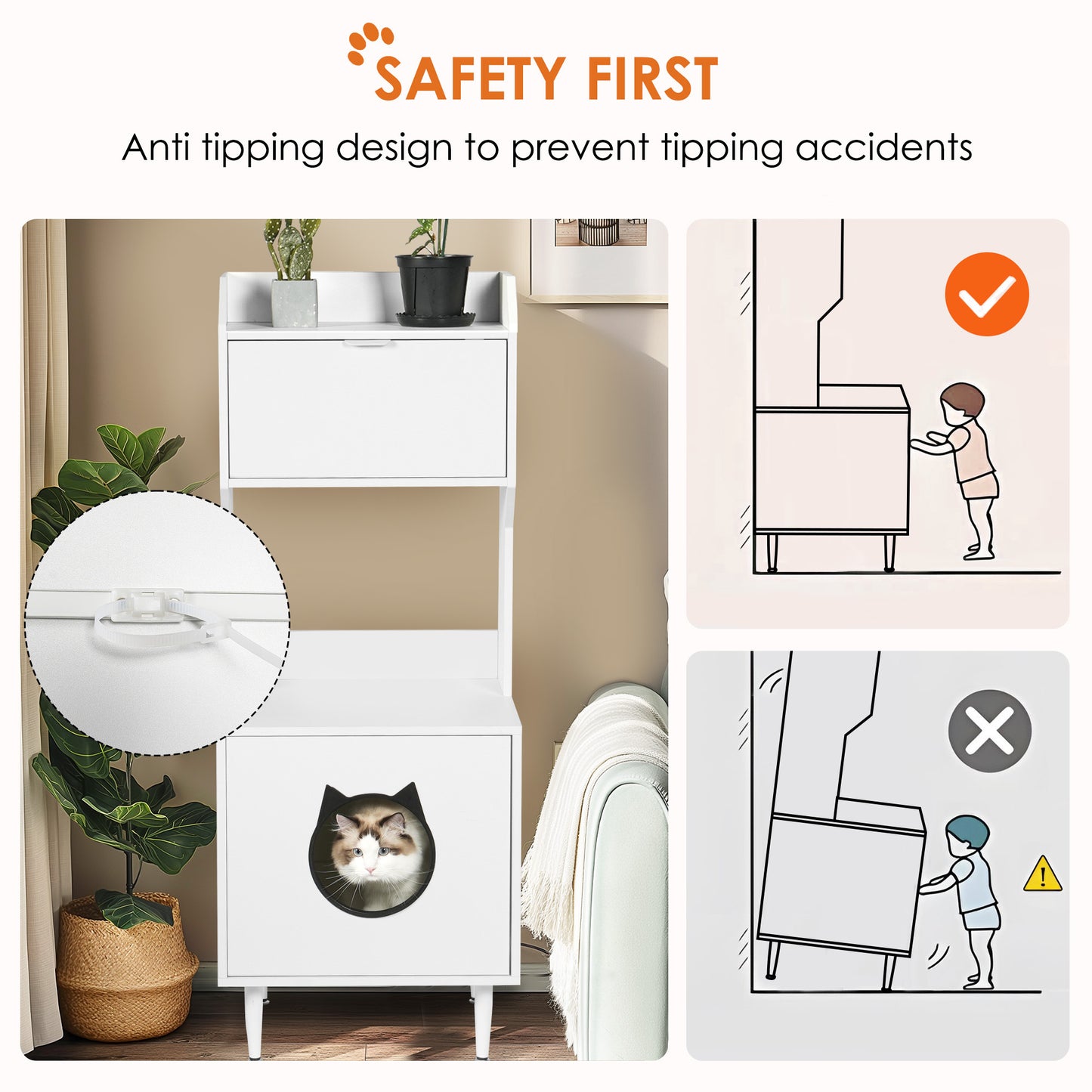 Litter Box Enclosure with Shelves and Doors White Wooden Hidden Cat Litter Box Furniture Industrial Indoor Cat House Washroom Pet Crate Storage Cabinet