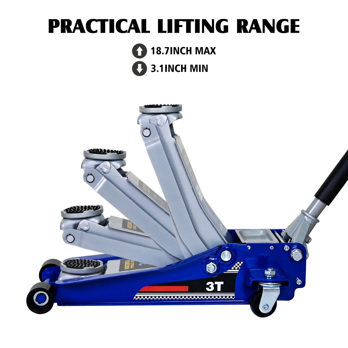 Low-Position Steel Vehicle Floor-mounted Hydraulic Jack with Dual-piston Quick-lift Pump, 3-Ton(6600 lb.) Capacity.