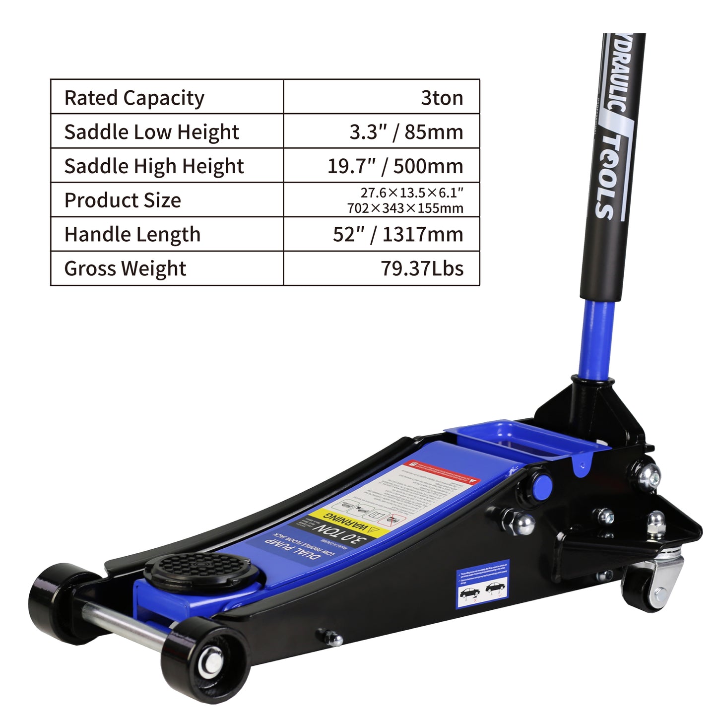 3t Low Profile Jack, Blue and Black, Ultra Low Floor Jack  with Dual Pistons Quick Lift Pump, Car Jack Hydraulic AutoLifts for Home Garage, Truck Jack Hydraulic Lifting range 3.3"-19.7"