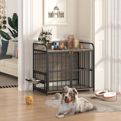 GO 39'' Indoor Metal Dog Crate with Double Doors, Wooden Side End Table Crate, Dog Crate Furniture with Adjustable Feeder Stand, for Medium Dog, Gray