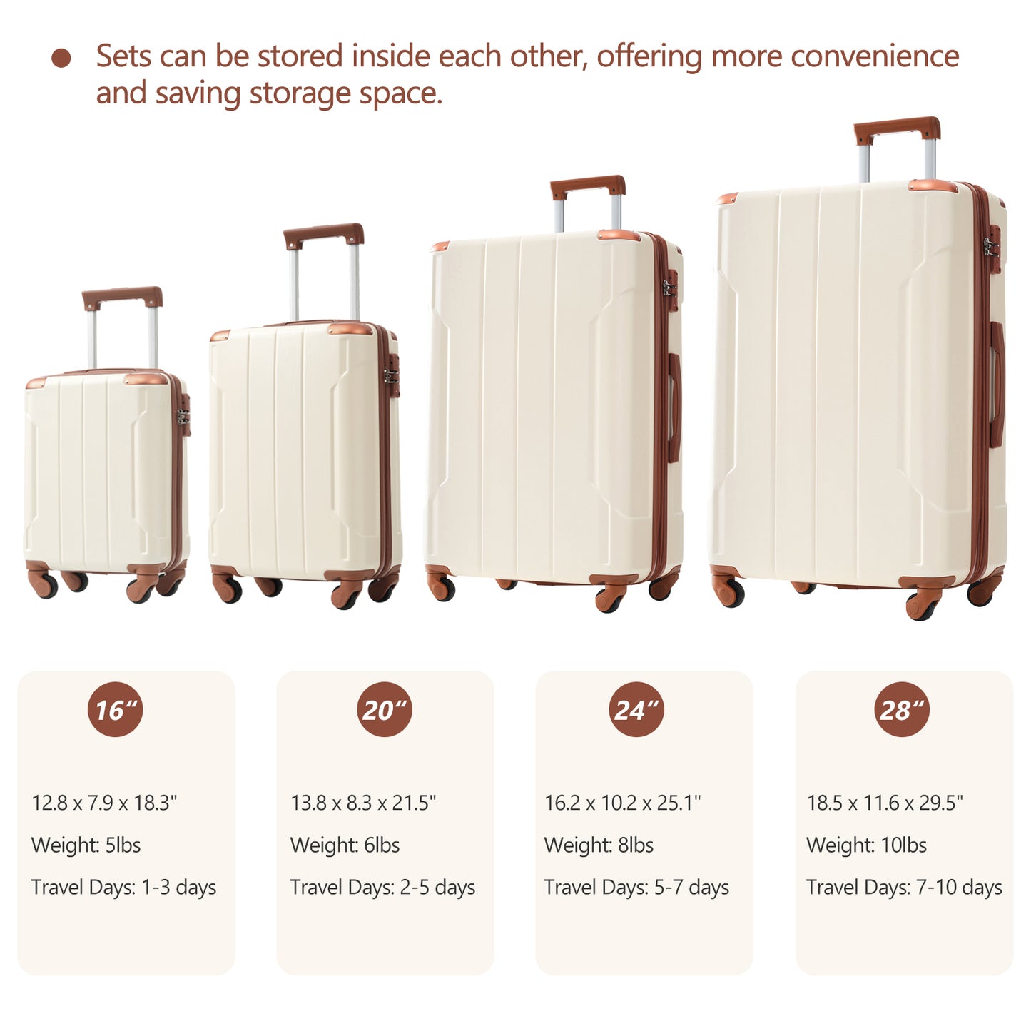 Hardshell Luggage Sets 6 Piece Suitcase Set, Expandable Lightweight Suitcases with Wheels, TSA Lock for Men Women, White Brown