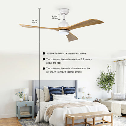 52"  Ceiling Fan with Lights Remote Control,Quiet DC Motor 3 Blade Ceiling Fans 6 Speed Levels,Reversible Ceiling Fan,  for Patio Living Room, Bedroom, Office,Indoor.(White +Natural)