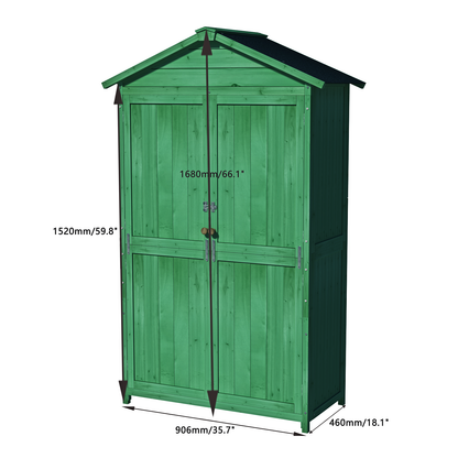 Outdoor 35.6"x 18.1"x 66.15" L Wood Storage Shed, Garden Tool Cabinet with Waterproof Asphalt Roof, Double Doors, Multiple-tier Shelves,Forest Green