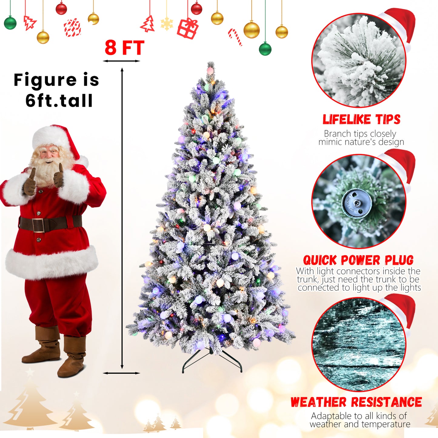 8FT PE+PVC  Floceked Christmas Tree with Easy Power & Memory Wire Technology, 470 Dual-Color LEDs With 10 Function, G45 Bulbs, and 1793 Tips , Innovative Holiday Experience!