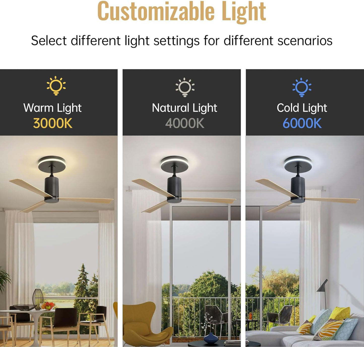 52 Inch Modern Flush Mount Ceiling Fan with led light and Remote Control, 3 ABS Blades Noiseless Reversible DC Motor for Patio Living Room