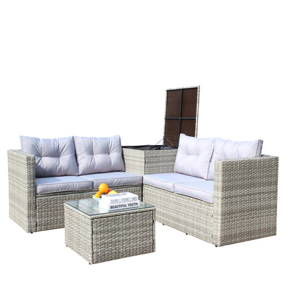 4 Piece Patio Sectional Wicker Rattan Outdoor Furniture Sofa Set with Storage Box Grey