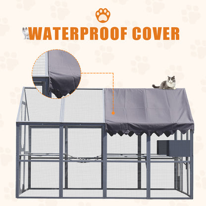 Outdoor Cat House Cat Enclosures 110" Large Kitten Playpen with Platforms,Upgrade Waterproof Cover-grey