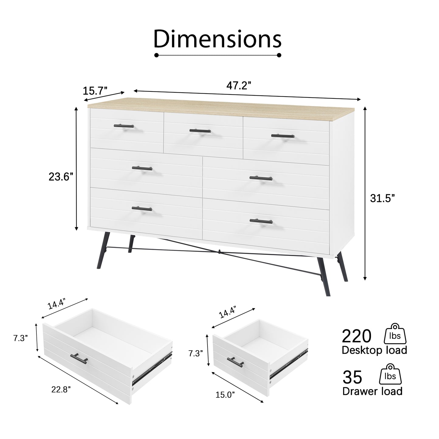 7 Drawer Dresser for Bedroom with Deep Drawers, Wood Dressers & Chest of Drawers, Modern White Long Dressers for Closet Living Room, 47.2"W x 15.7"D x 31.5"H, White & oak