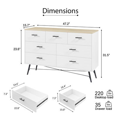 7 Drawer Dresser for Bedroom with Deep Drawers, Wood Dressers & Chest of Drawers, Modern White Long Dressers for Closet Living Room, 47.2"W x 15.7"D x 31.5"H, White & oak