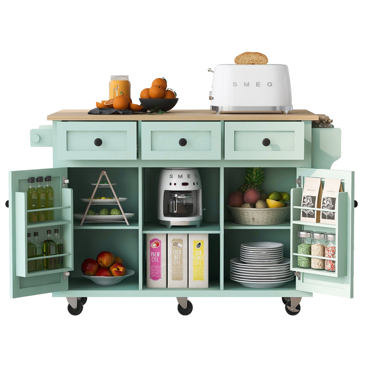 Kitchen Cart with Rubber wood Drop-Leaf Countertop ,Cabinet door internal storage racks,Kitchen Island on 5 Wheels with Storage Cabinet and 3 Drawers for Dinning Room, Mint Green