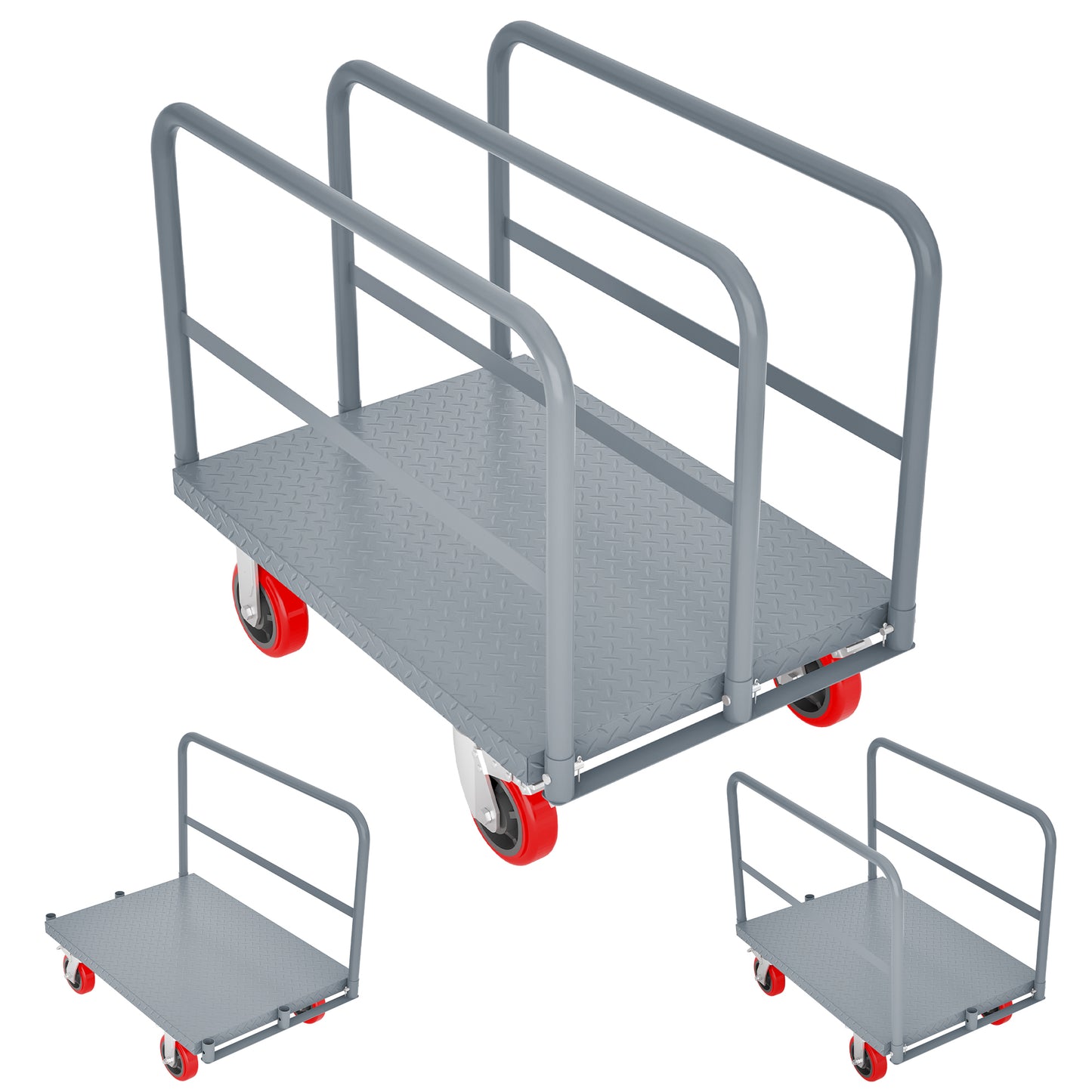 Steel Panel Truck, Heavy Duty Drywall Cart Lumber Cart Platform Truck Flat Cart, 2000lbs, 6" Swivel Brake Casters, with 3 Side Handrails (36" x 24")